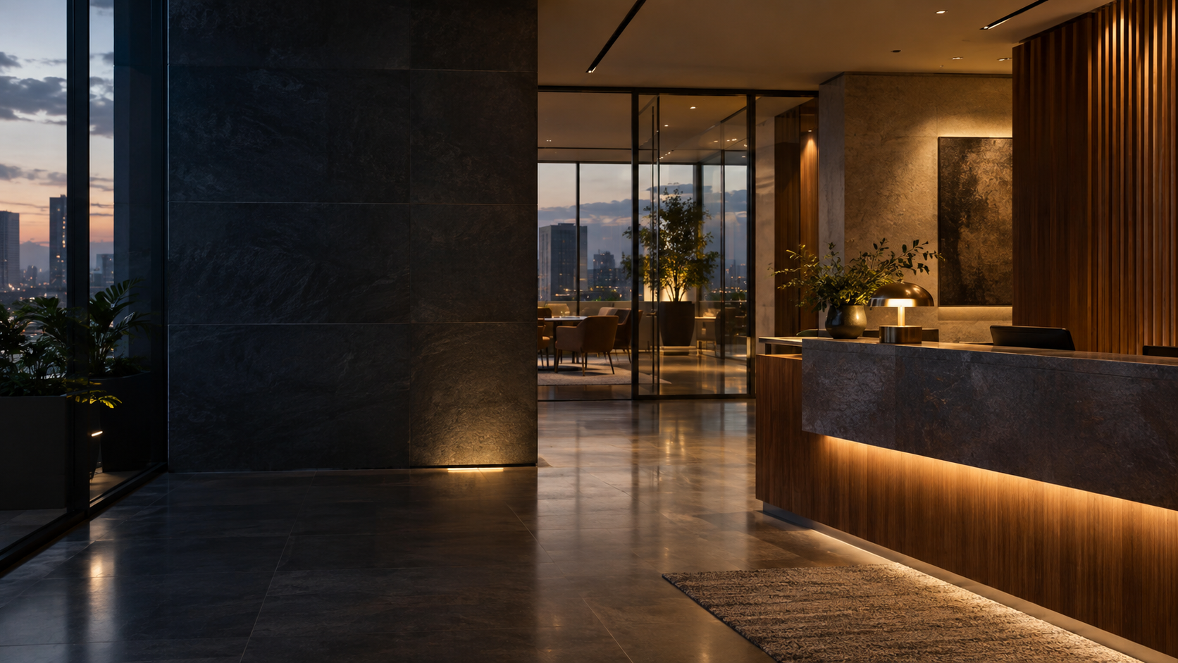 Contemporary office reception and meeting foyer at dusk
