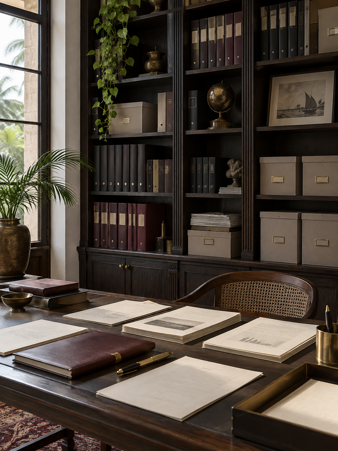 Research binders, archival reports and a notebook in a capital-markets research office
