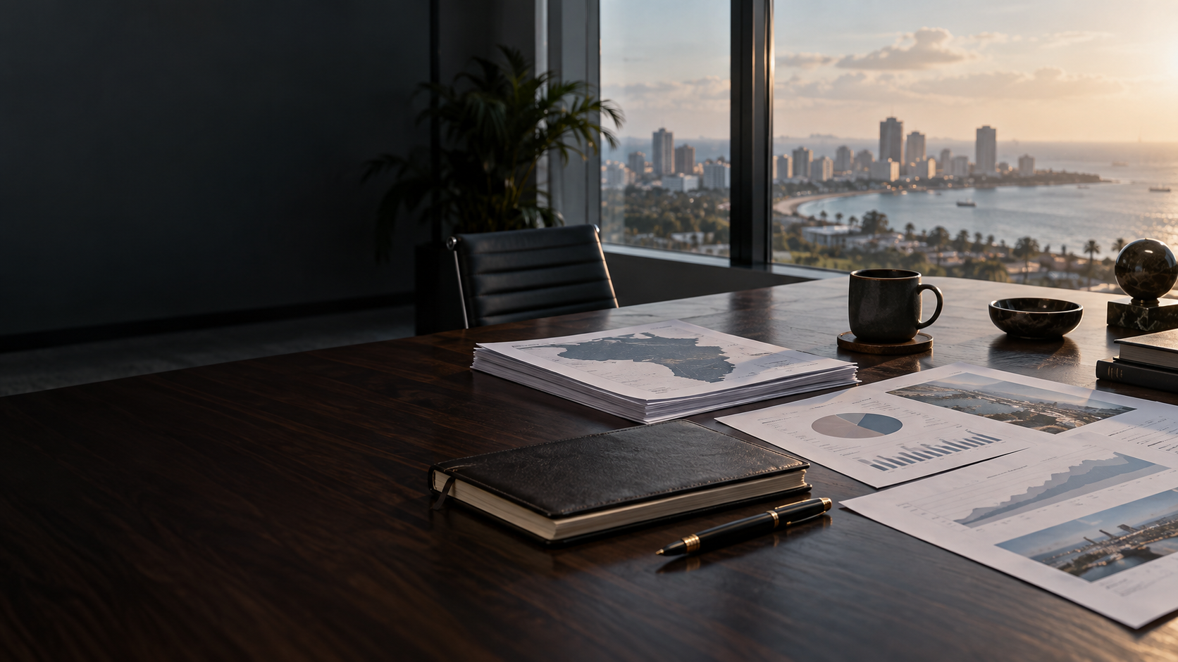 Research reports and a notebook on a desk overlooking an East African coastal city