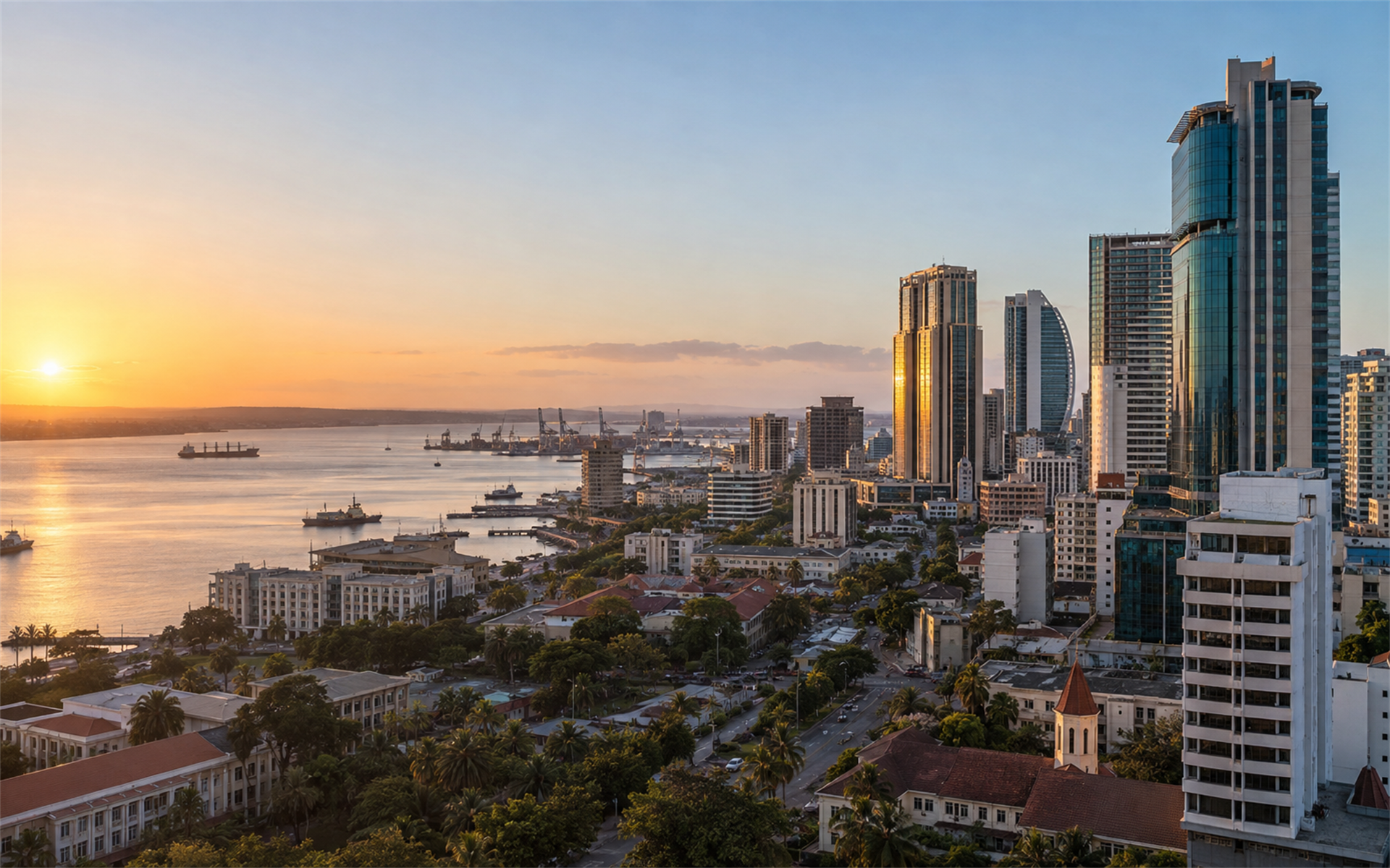 Dar es Salaam business district and waterfront trade movement at sunrise