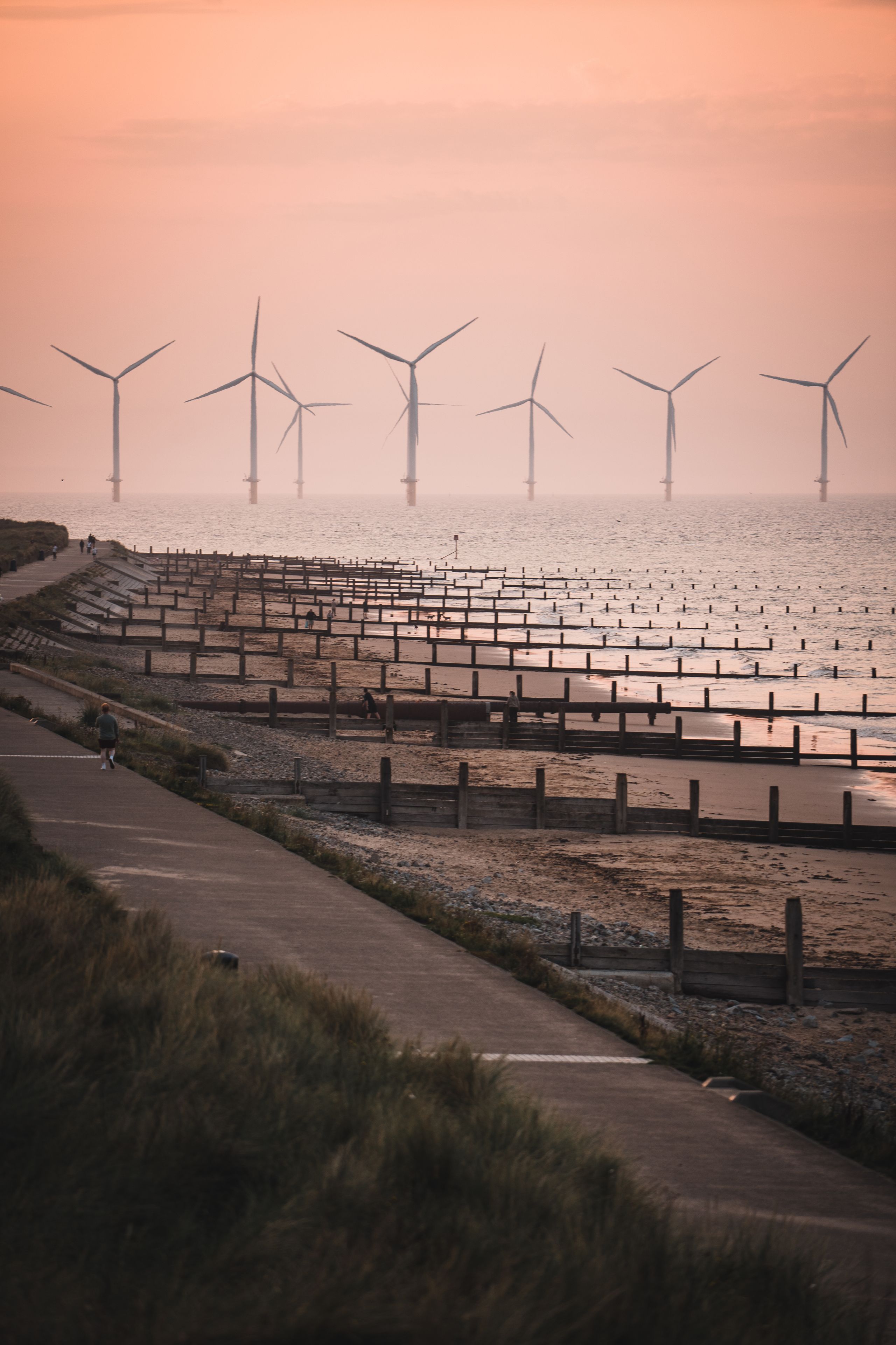 Offshore wind turbines at sunset in the United Kingdom